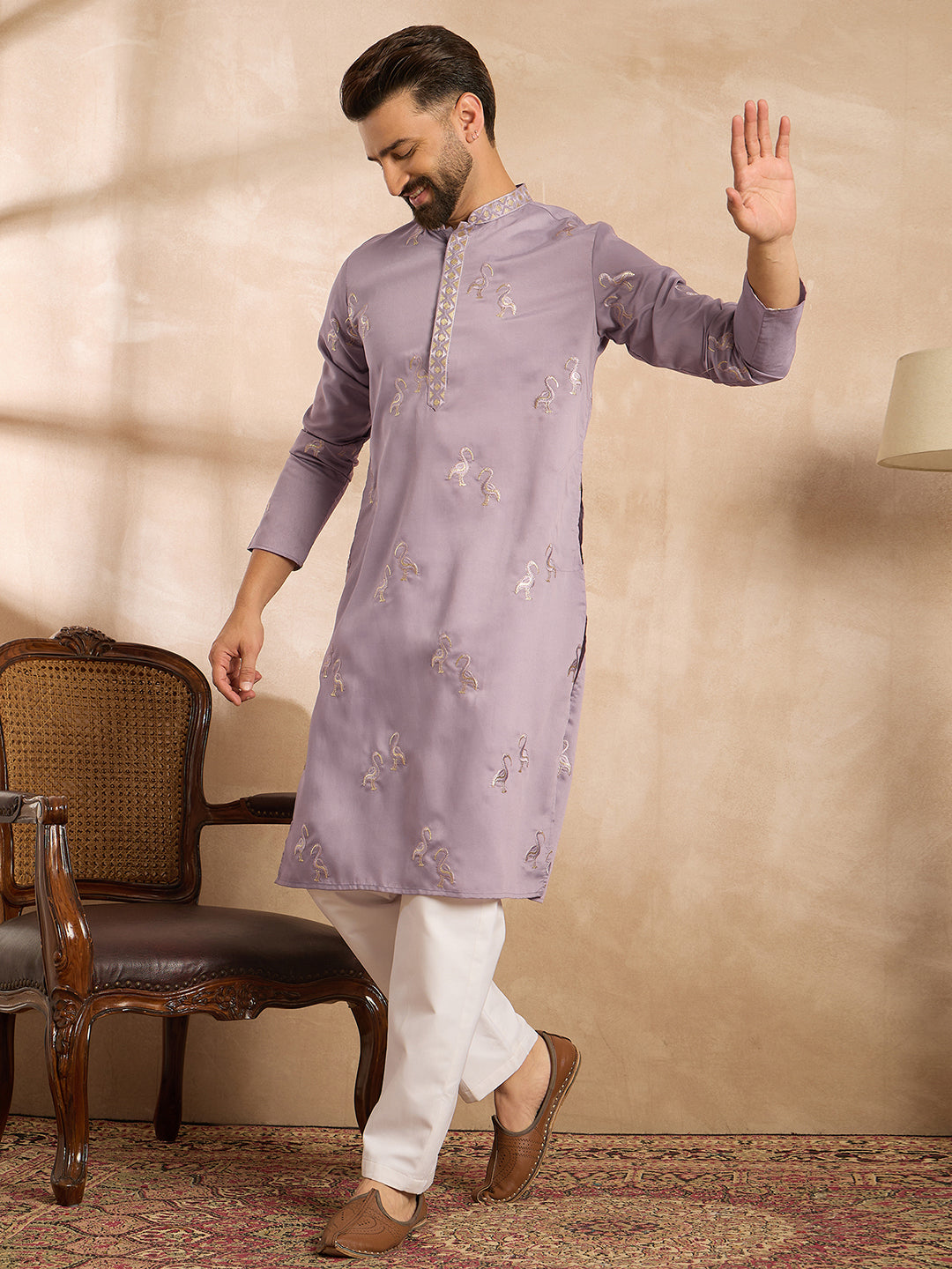 Men Lavender Silk Blend Solid Embroidered Straight Kurta-MKU1815