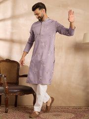 Men Lavender Silk Blend Solid Embroidered Straight Kurta-MKU1815