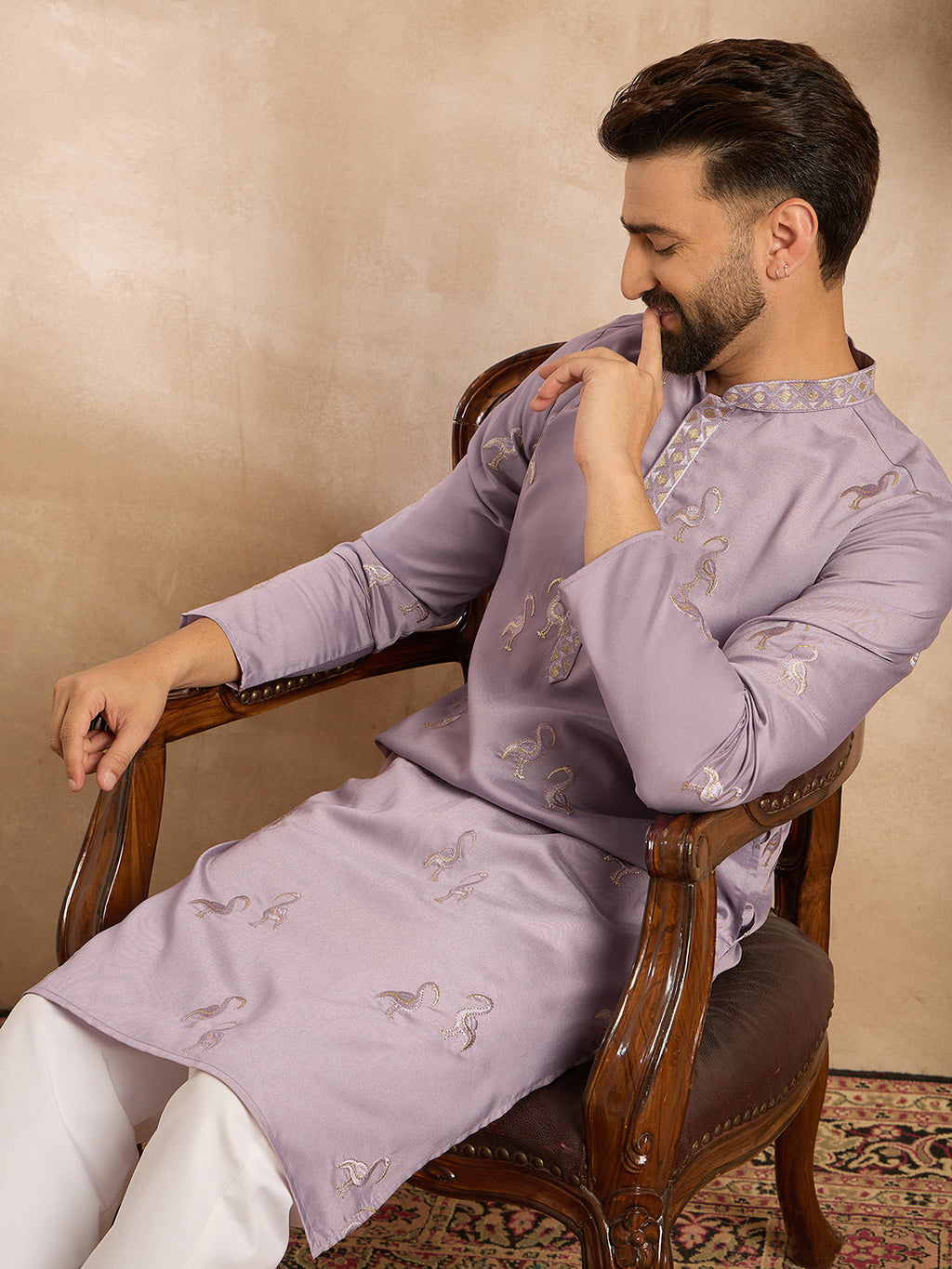 Men Lavender Silk Blend Solid Embroidered Straight Kurta-MKU1815