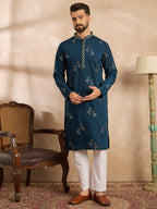 Men Navy Blue Silk Blend Solid Embroidered Straight Kurta-MKU1816