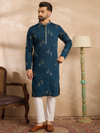 Men Navy Blue Silk Blend Solid Embroidered Straight Kurta-MKU1816