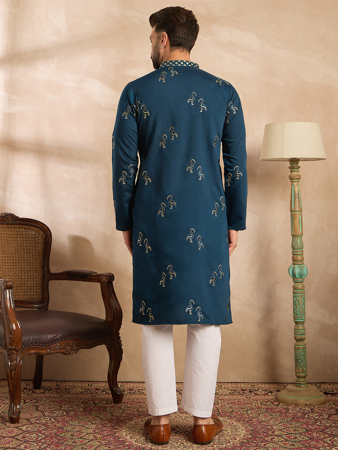Men Navy Blue Silk Blend Solid Embroidered Straight Kurta-MKU1816