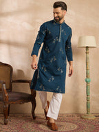 Men Navy Blue Silk Blend Solid Embroidered Straight Kurta-MKU1816