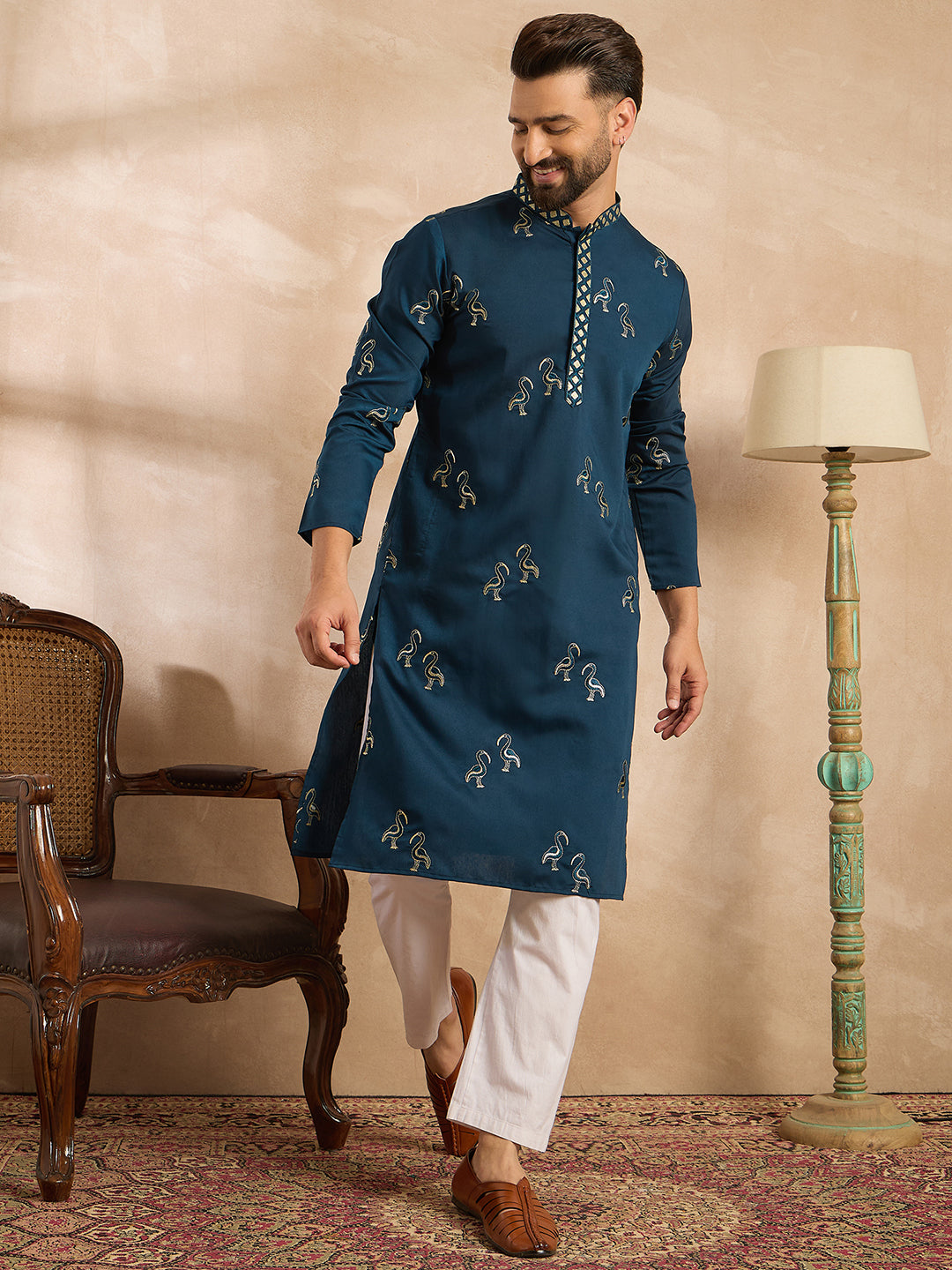 Men Navy Blue Silk Blend Solid Embroidered Straight Kurta-MKU1816