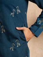 Men Navy Blue Silk Blend Solid Embroidered Straight Kurta-MKU1816