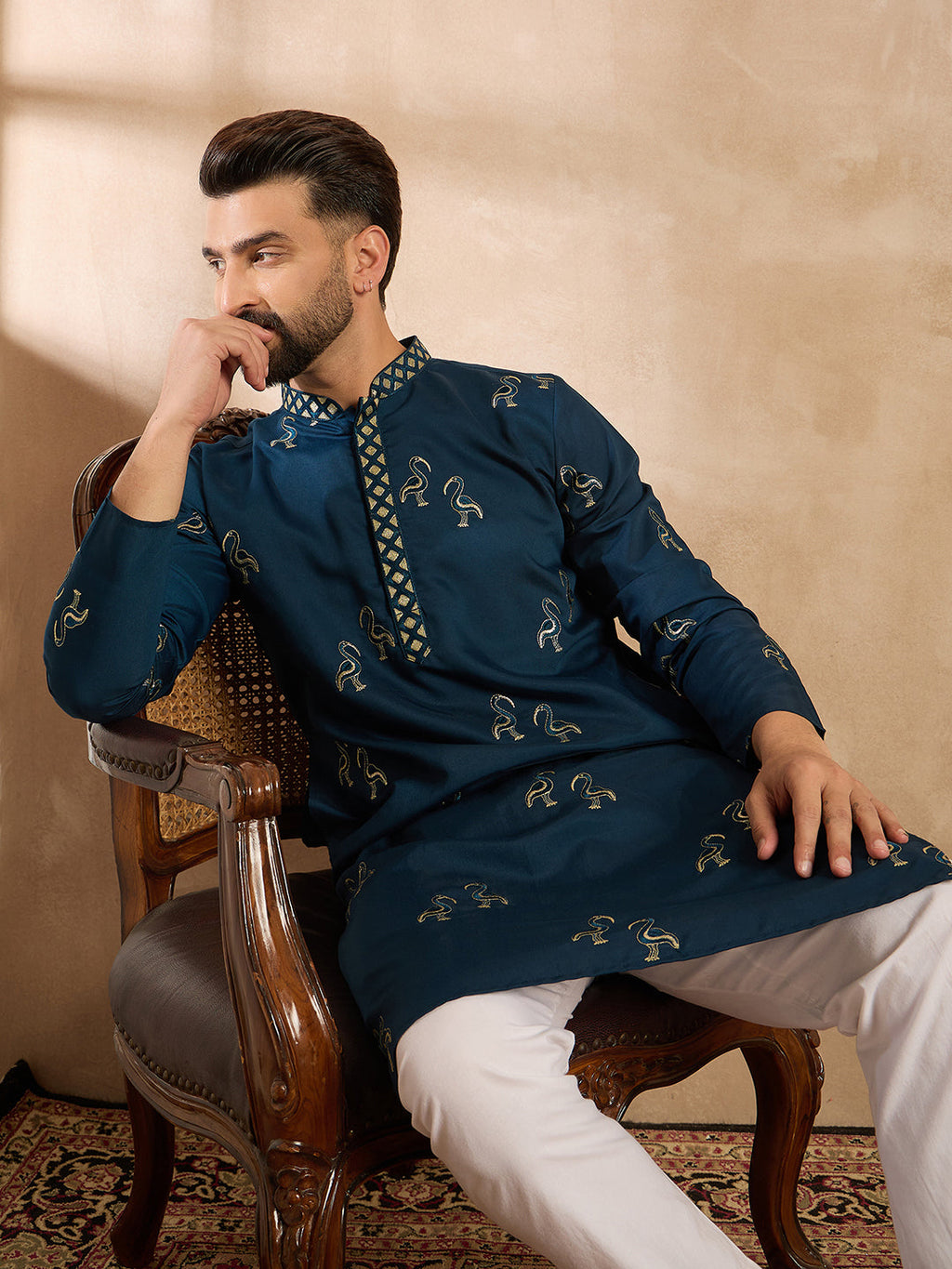 Men Navy Blue Silk Blend Solid Embroidered Straight Kurta-MKU1816