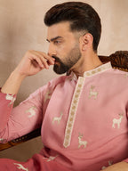 Men Red Silk Blend Ombre Embroidered Straight Kurta-MKU1818