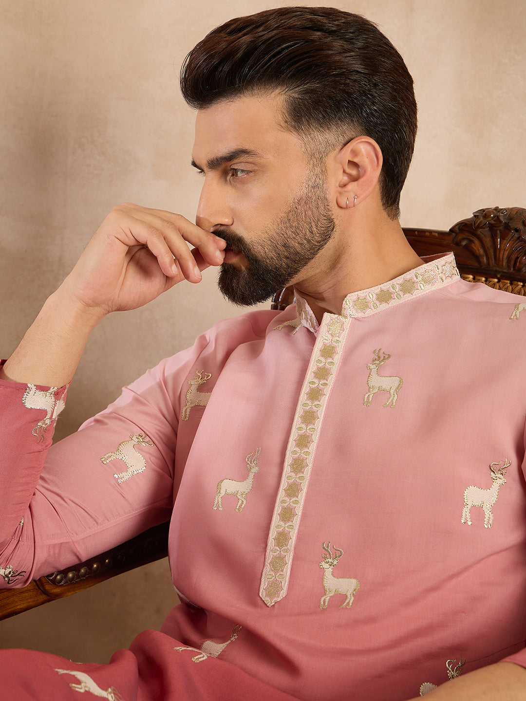 Men Red Silk Blend Ombre Embroidered Straight Kurta-MKU1818