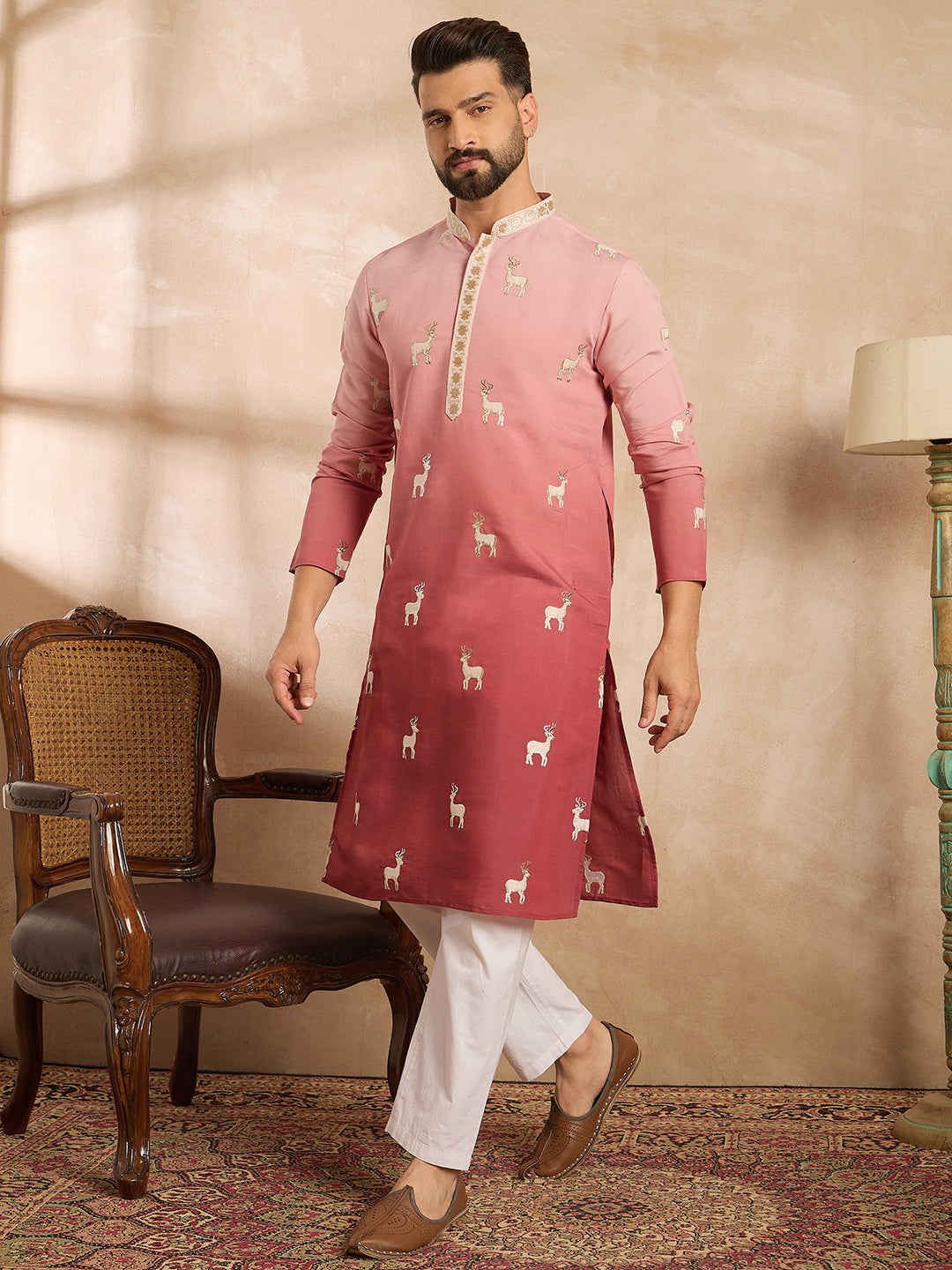 Men Red Silk Blend Ombre Embroidered Straight Kurta-MKU1818