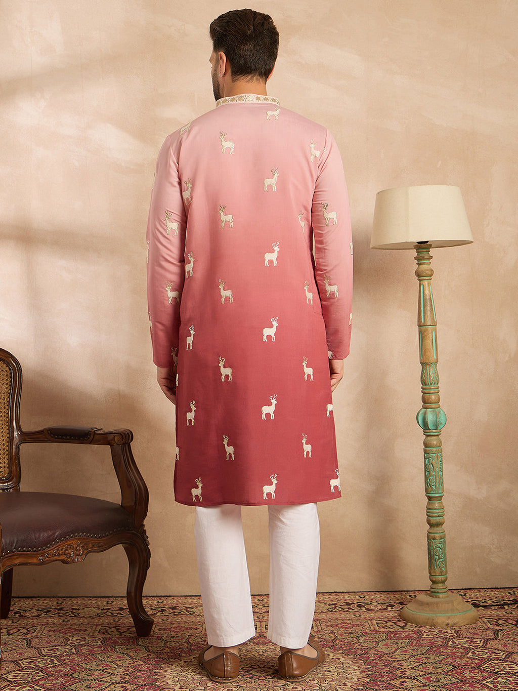 Men Red Silk Blend Ombre Embroidered Straight Kurta-MKU1818