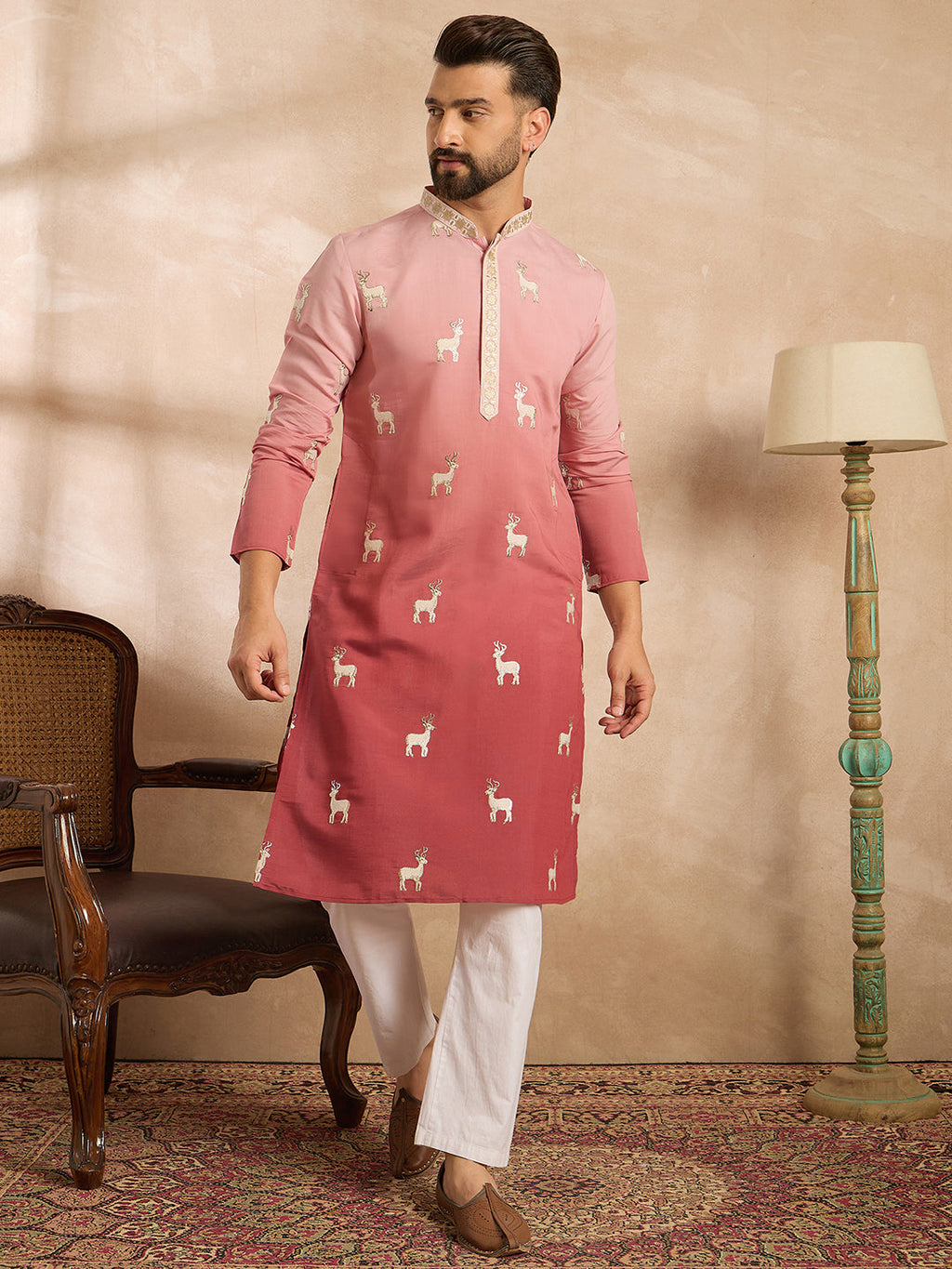 Men Red Silk Blend Ombre Embroidered Straight Kurta-MKU1818