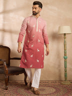 Men Red Silk Blend Ombre Embroidered Straight Kurta-MKU1818