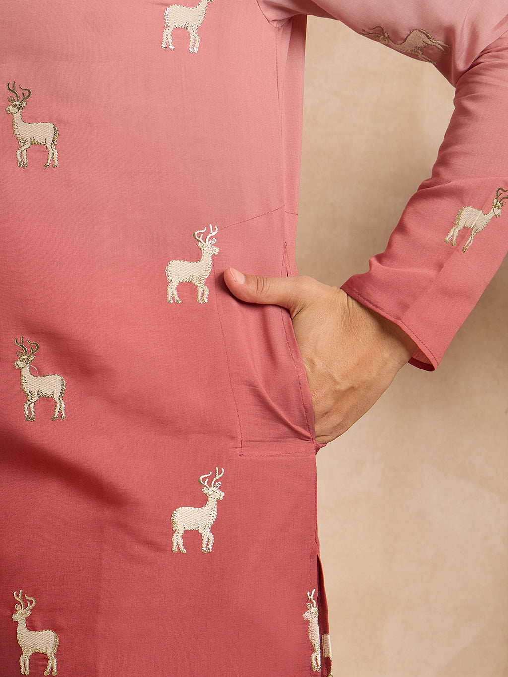 Men Red Silk Blend Ombre Embroidered Straight Kurta-MKU1818