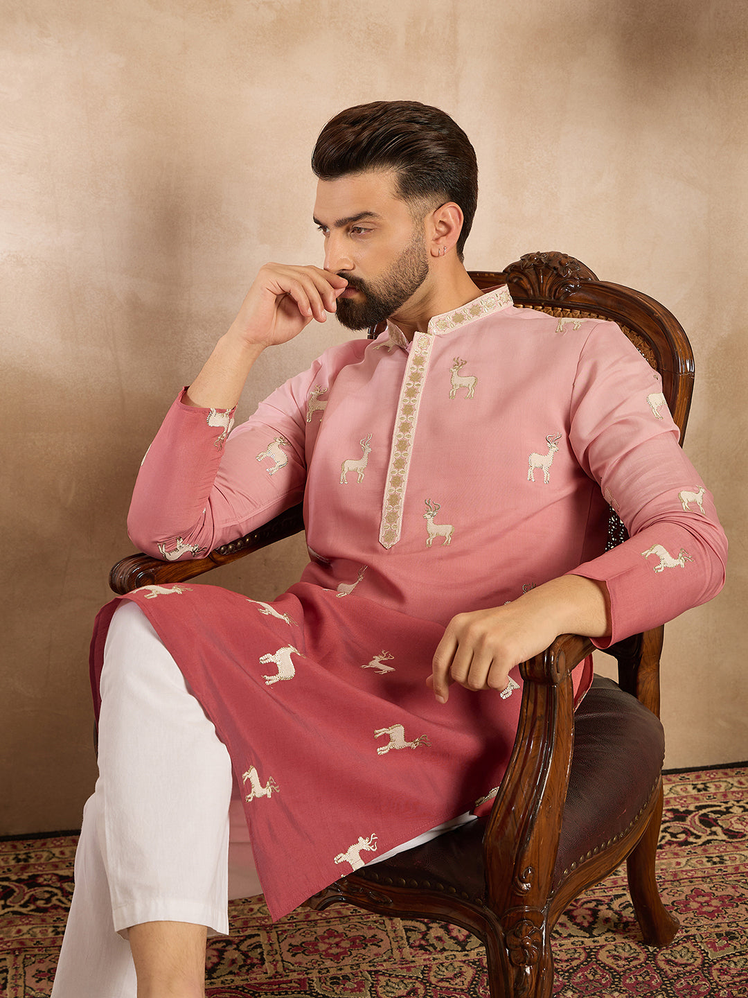 Men Red Silk Blend Ombre Embroidered Straight Kurta-MKU1818