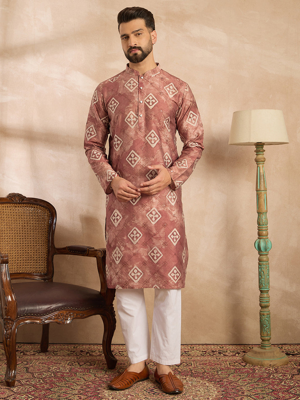 Men Brown Cotton Solid Embroidered Straight Kurta-MKU1825