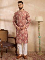 Men Brown Cotton Solid Embroidered Straight Kurta-MKU1825