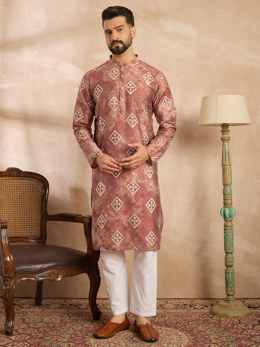 Men Brown Cotton Solid Embroidered Straight Kurta-MKU1825