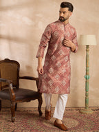 Men Brown Cotton Solid Embroidered Straight Kurta-MKU1825