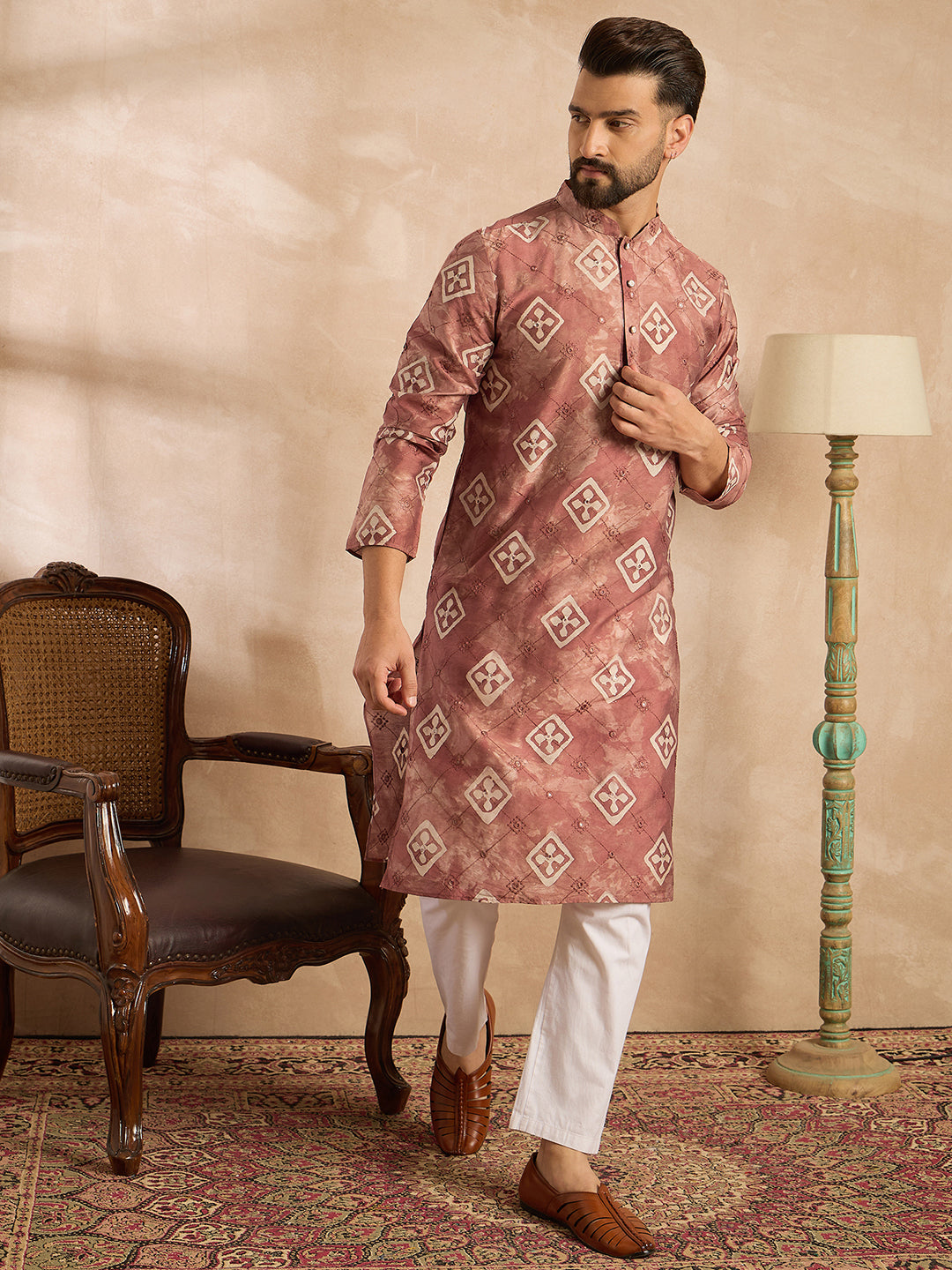 Men Brown Cotton Solid Embroidered Straight Kurta-MKU1825