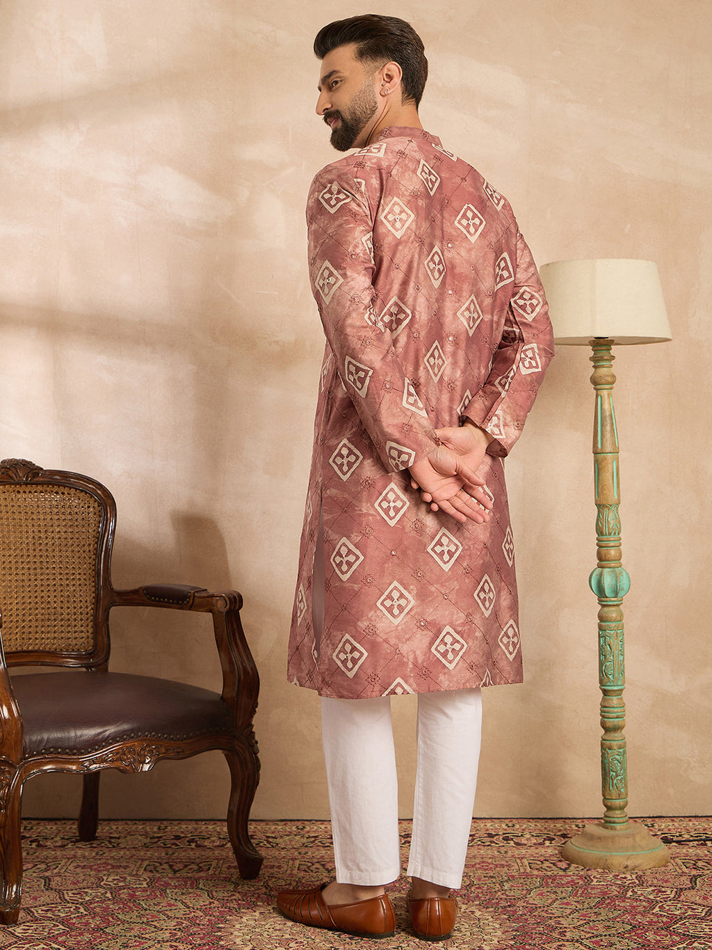 Men Brown Cotton Solid Embroidered Straight Kurta-MKU1825