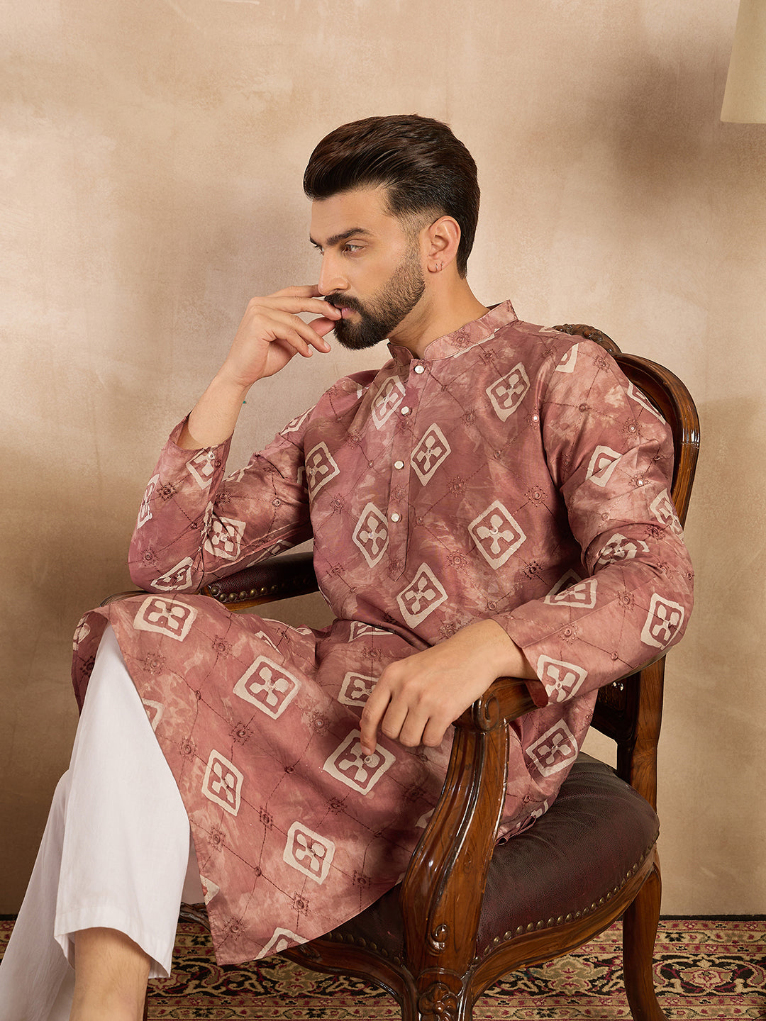 Men Brown Cotton Solid Embroidered Straight Kurta-MKU1825