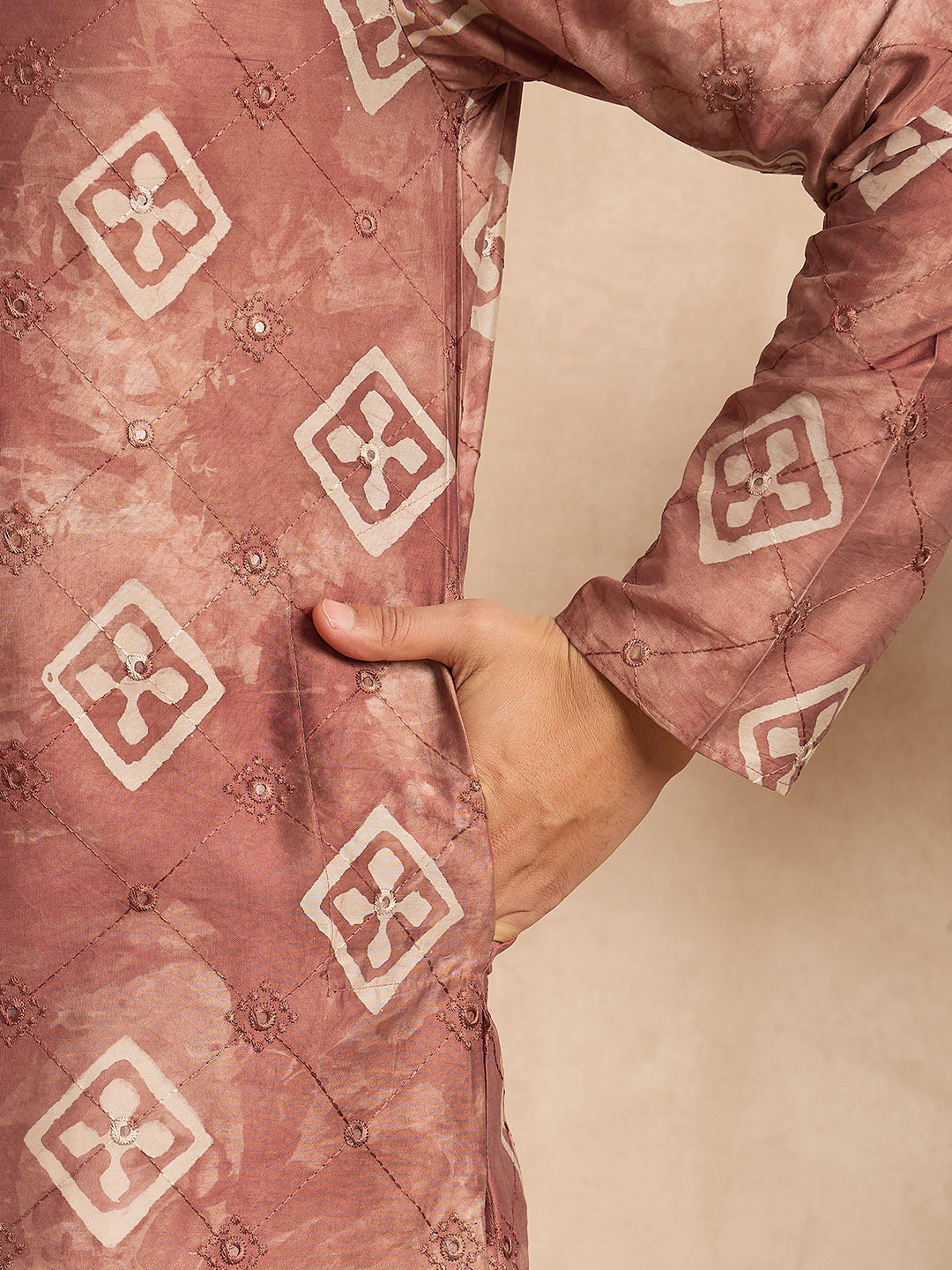 Men Brown Cotton Solid Embroidered Straight Kurta-MKU1825