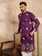 Men Purple Polyester Solid Embroidered Straight Kurta-MKU1834