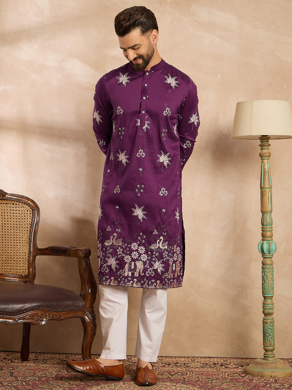 Men Purple Polyester Solid Embroidered Straight Kurta-MKU1834