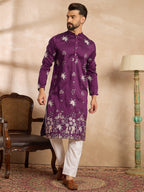 Men Purple Polyester Solid Embroidered Straight Kurta-MKU1834