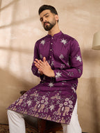 Men Purple Polyester Solid Embroidered Straight Kurta-MKU1834