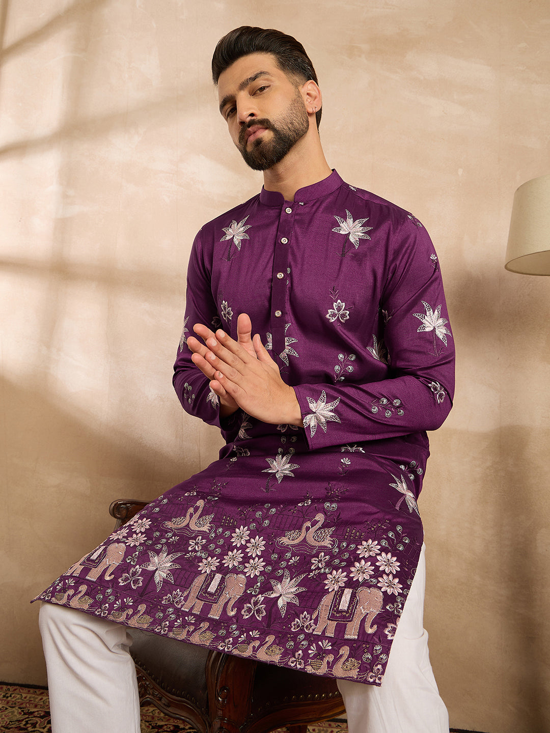 Men Purple Polyester Solid Embroidered Straight Kurta-MKU1834