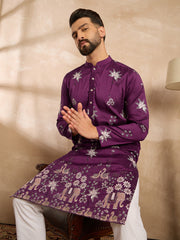 Men Purple Polyester Solid Embroidered Straight Kurta-MKU1834
