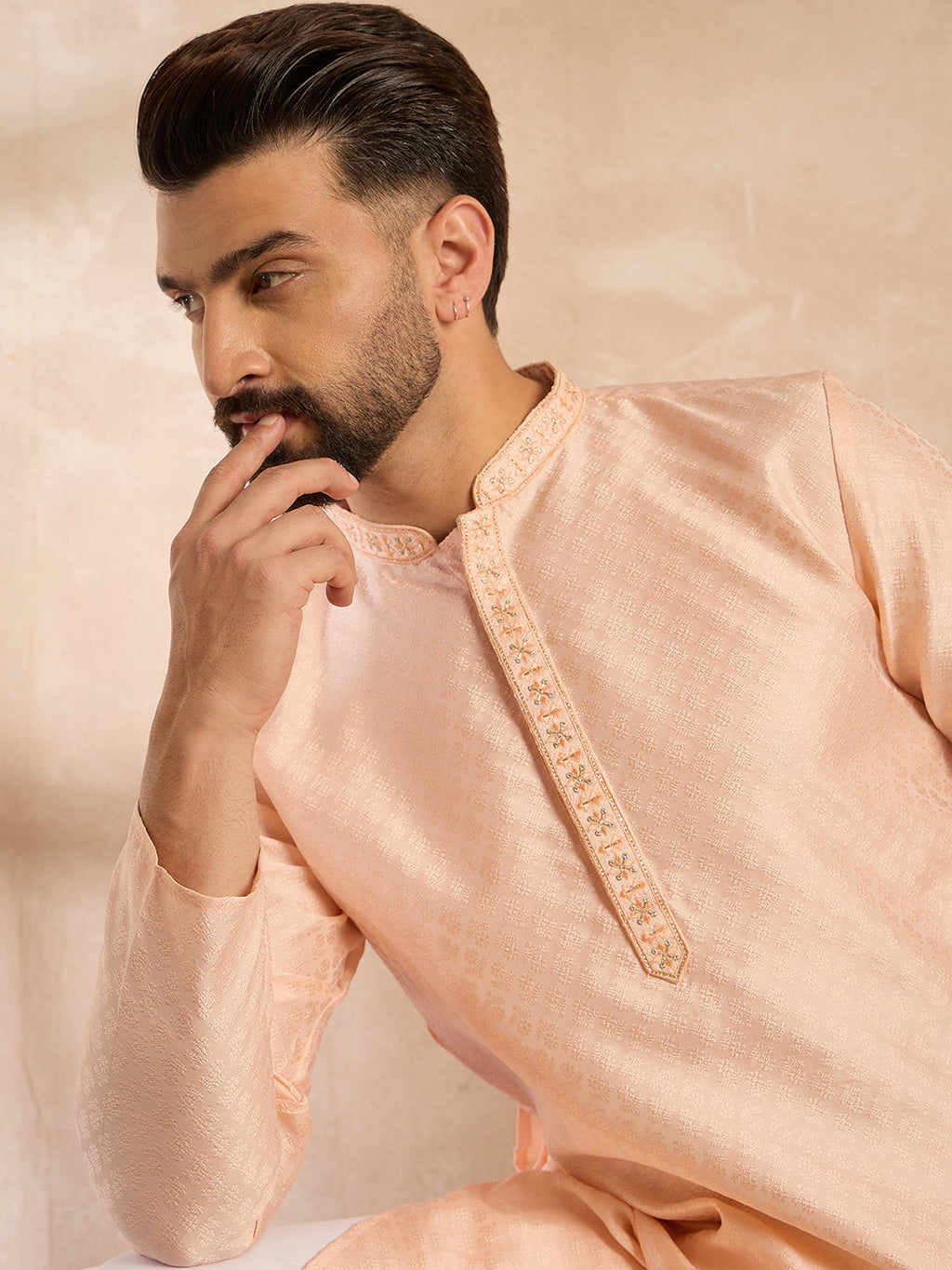 Men Peach Polyester Solid Embroidered Straight Kurta-MKU1836