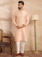 Men Peach Polyester Solid Embroidered Straight Kurta-MKU1836