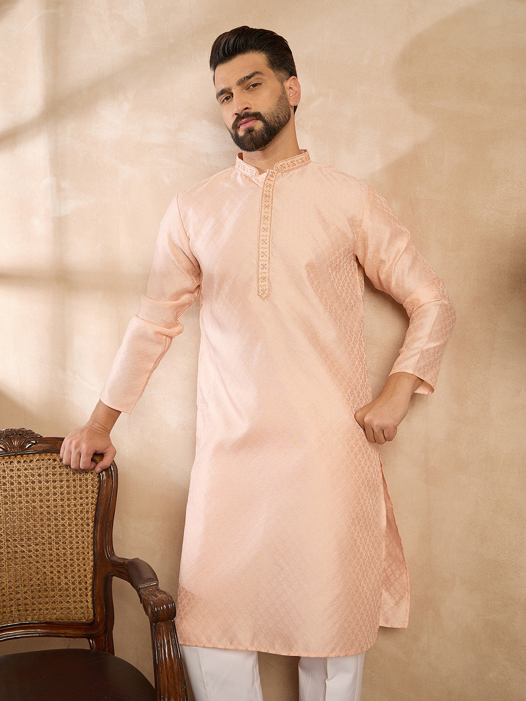 Men Peach Polyester Solid Embroidered Straight Kurta-MKU1836