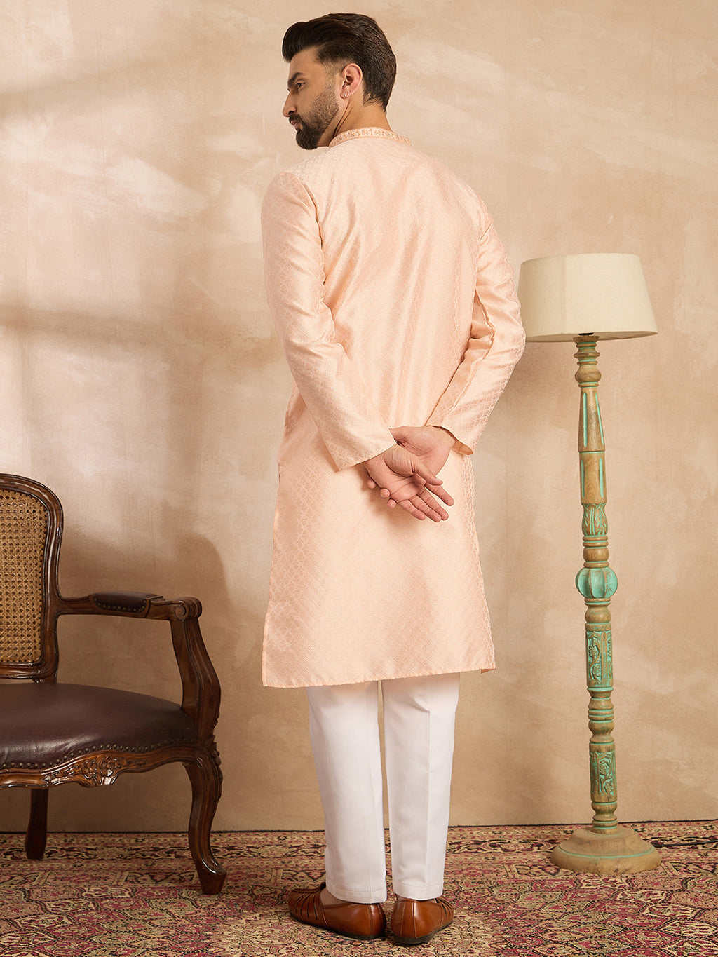 Men Peach Polyester Solid Embroidered Straight Kurta-MKU1836