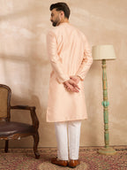 Men Peach Polyester Solid Embroidered Straight Kurta-MKU1836