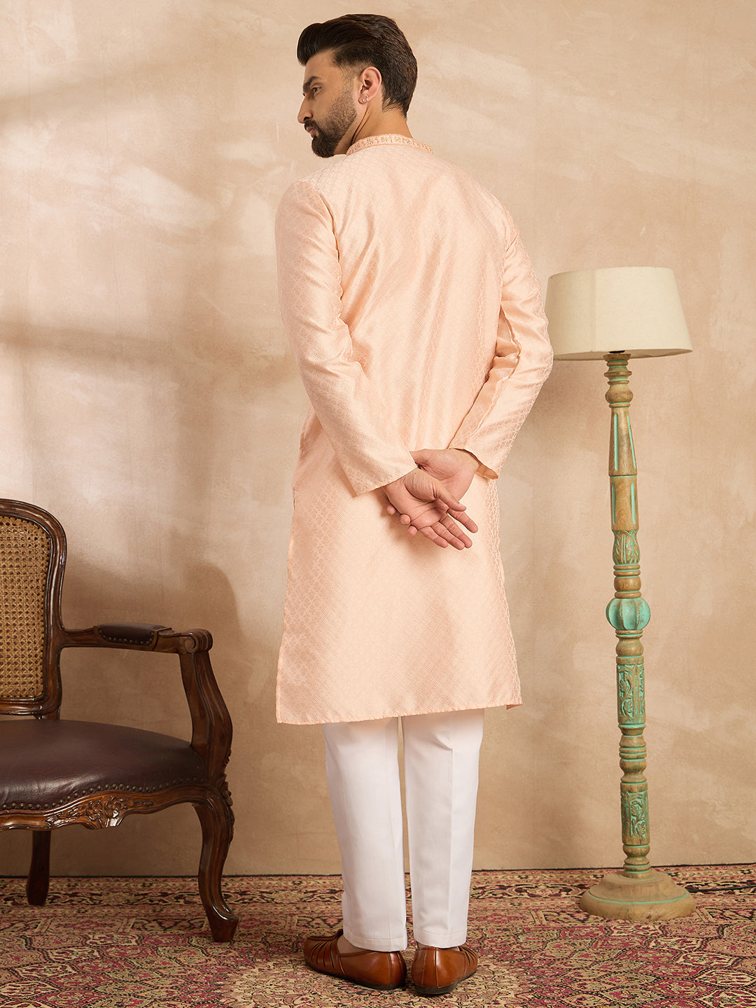 Men Peach Polyester Solid Embroidered Straight Kurta-MKU1836