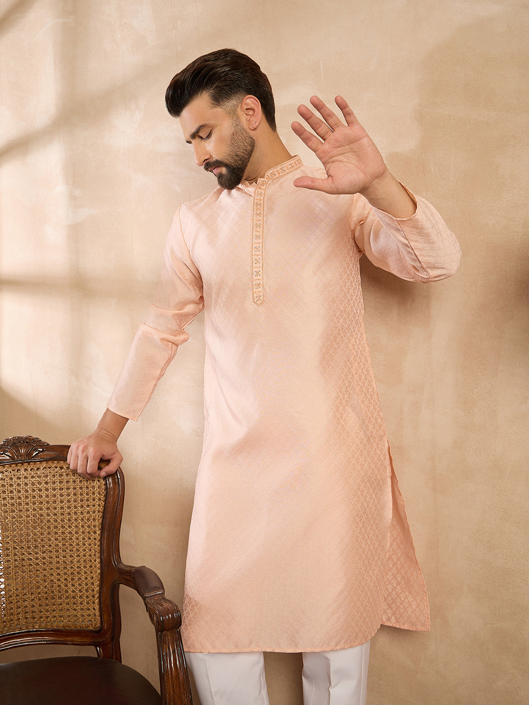 Men Peach Polyester Solid Embroidered Straight Kurta-MKU1836