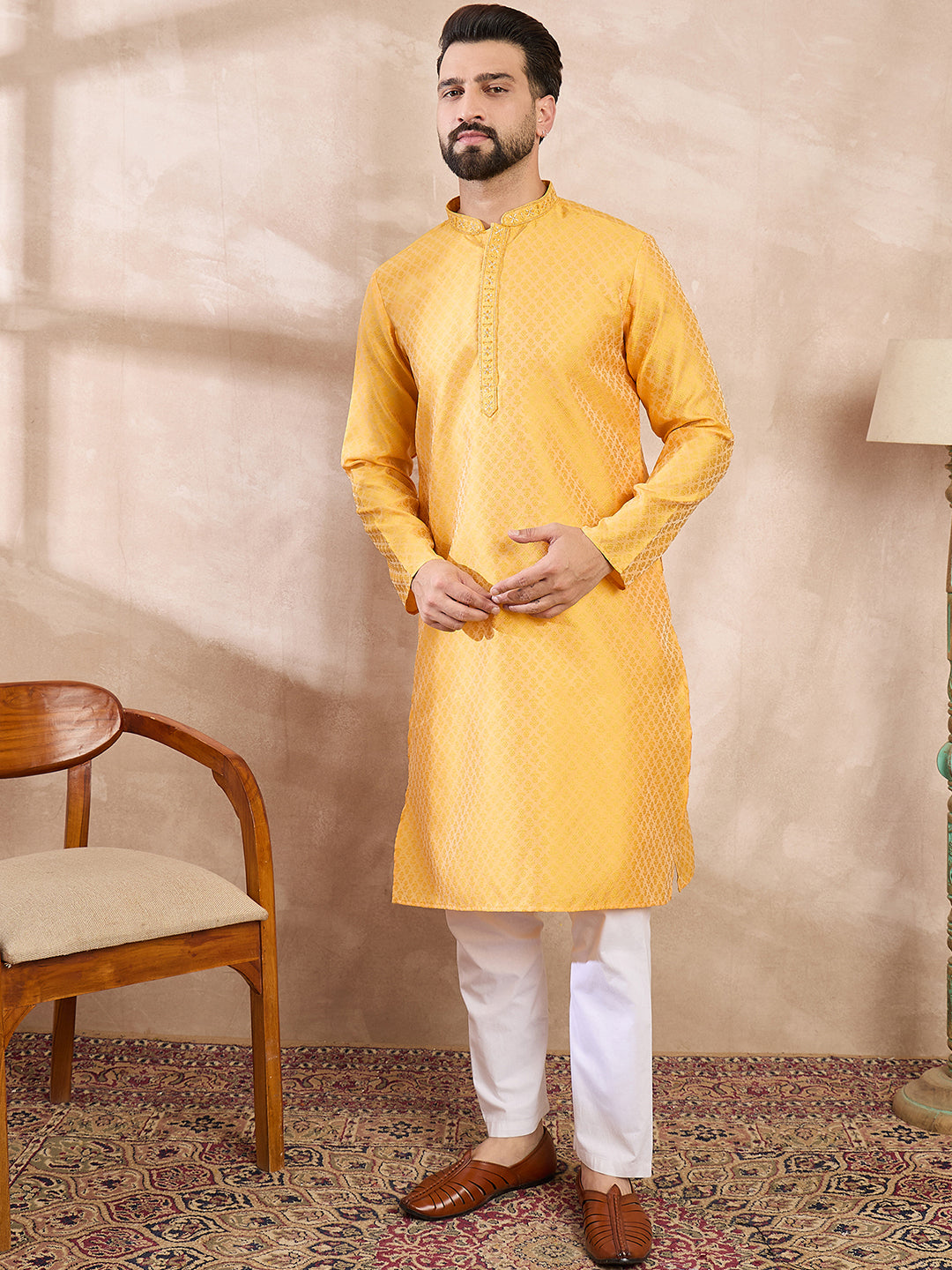 Men Yellow Silk Blend Solid Embroidered Straight Kurta-MKU1837
