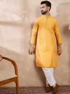 Men Yellow Silk Blend Solid Embroidered Straight Kurta-MKU1837