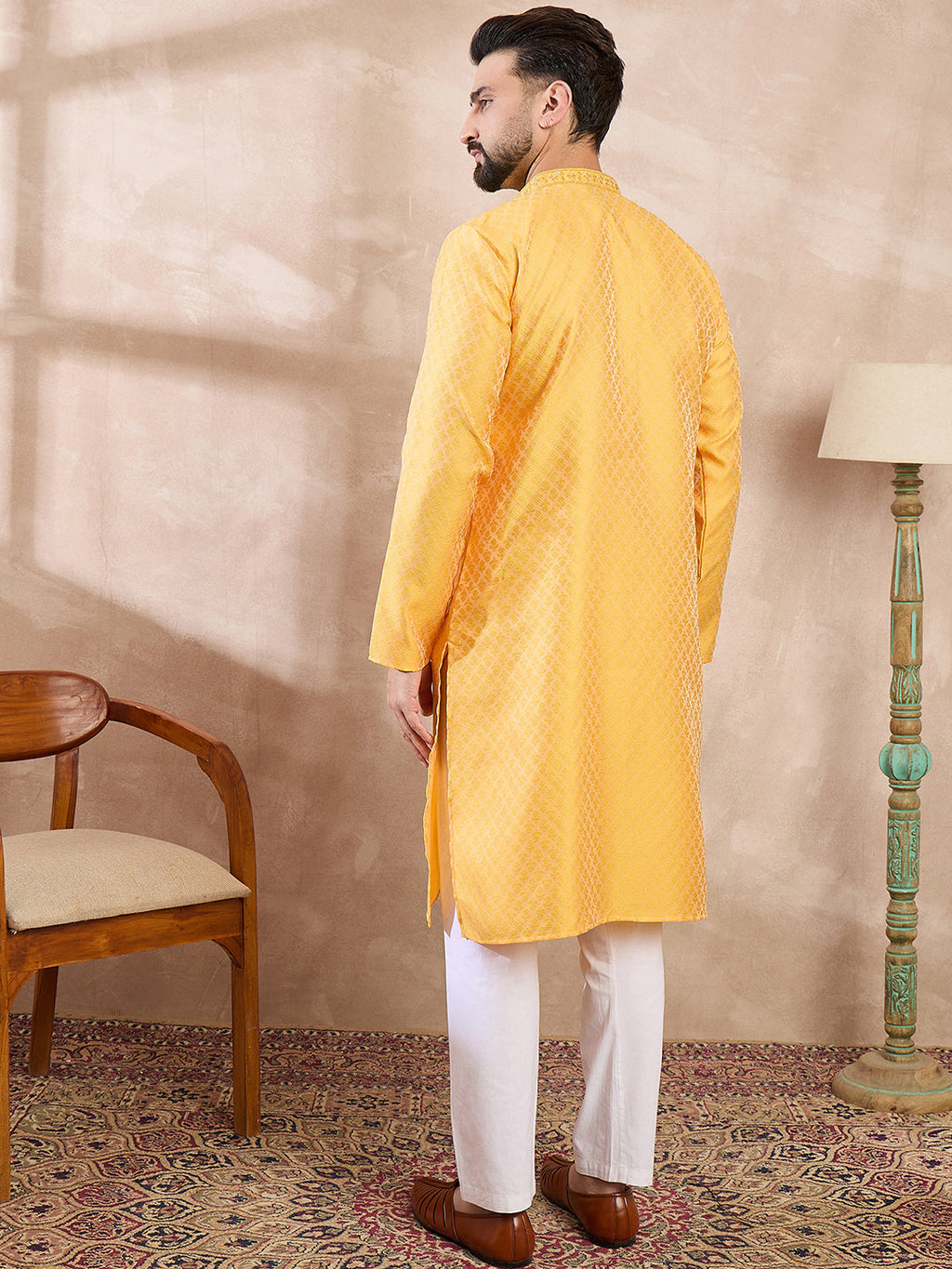 Men Yellow Silk Blend Solid Embroidered Straight Kurta-MKU1837