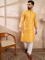 Men Yellow Silk Blend Solid Embroidered Straight Kurta-MKU1837