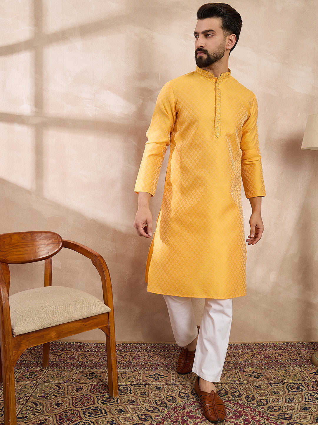 Men Yellow Silk Blend Solid Embroidered Straight Kurta-MKU1837