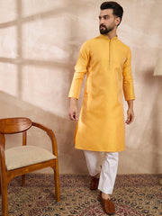 Men Yellow Silk Blend Solid Embroidered Straight Kurta-MKU1837