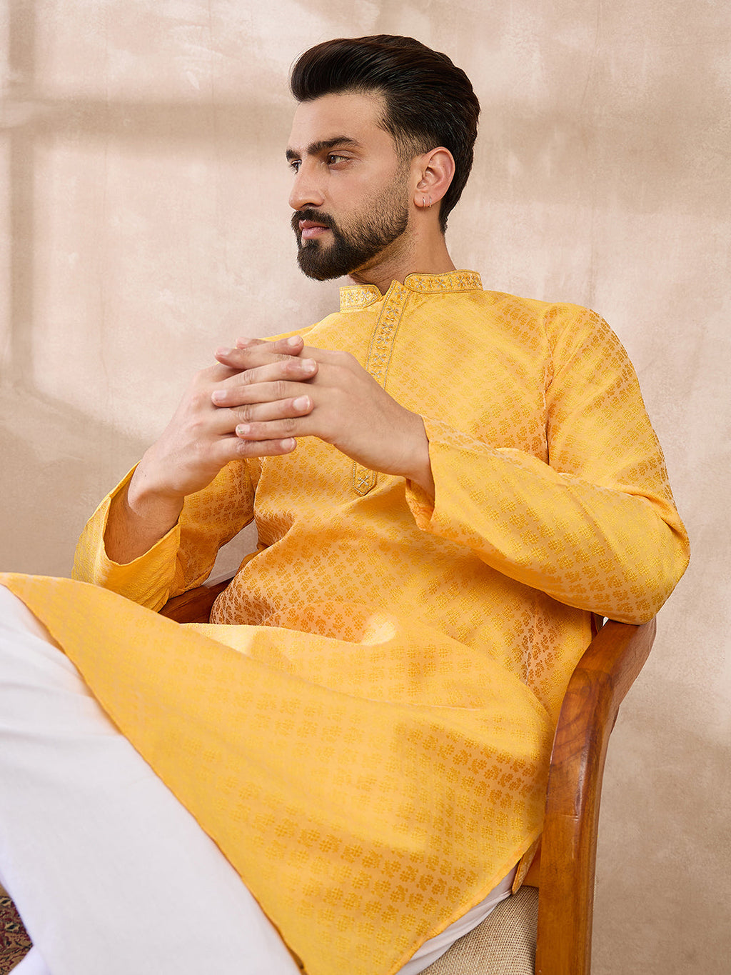 Men Yellow Silk Blend Solid Embroidered Straight Kurta-MKU1837