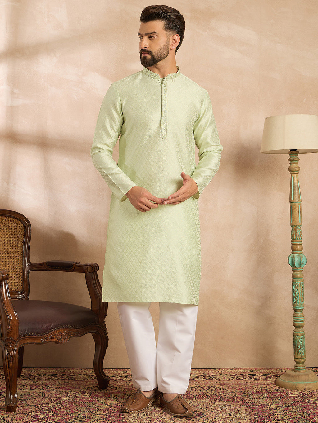 Men Teal Polyester Solid Embroidered Straight Kurta-MKU1839