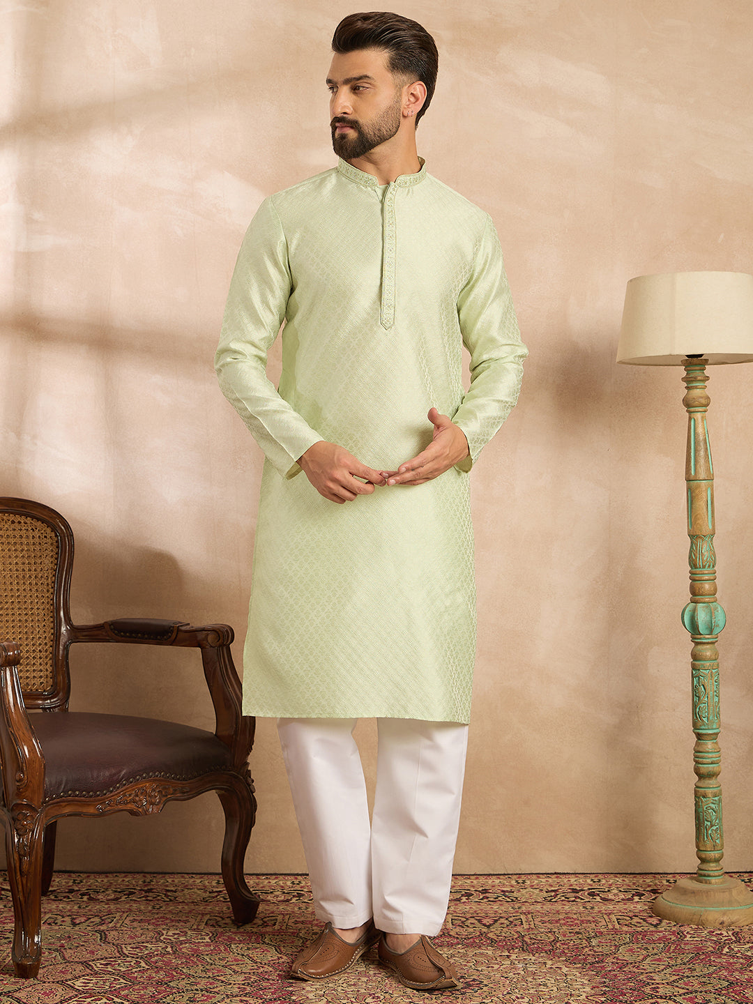 Men Teal Polyester Solid Embroidered Straight Kurta-MKU1839