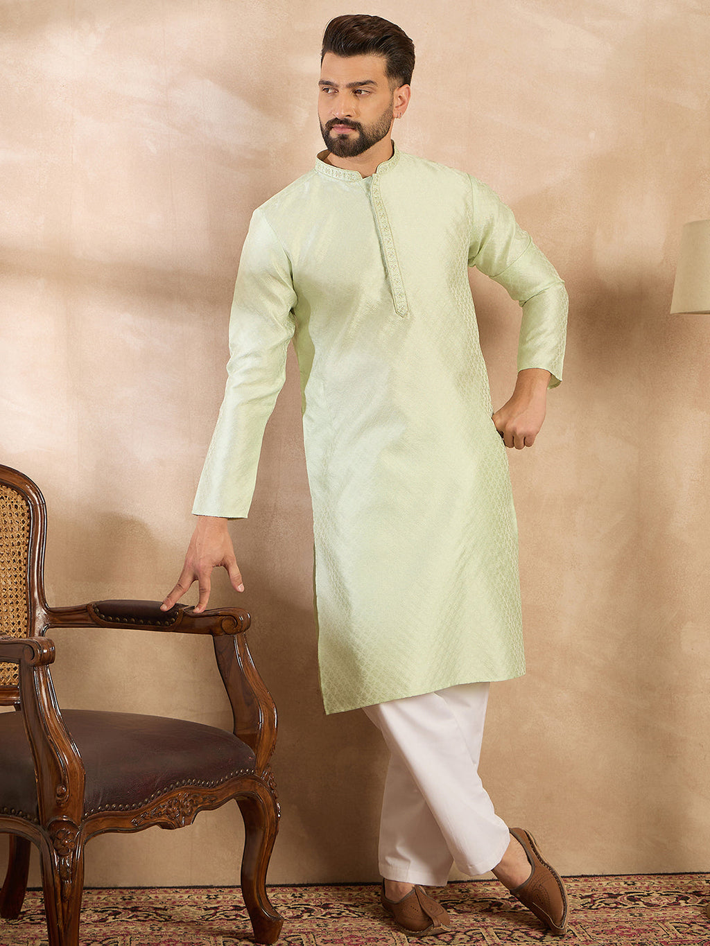 Men Teal Polyester Solid Embroidered Straight Kurta-MKU1839