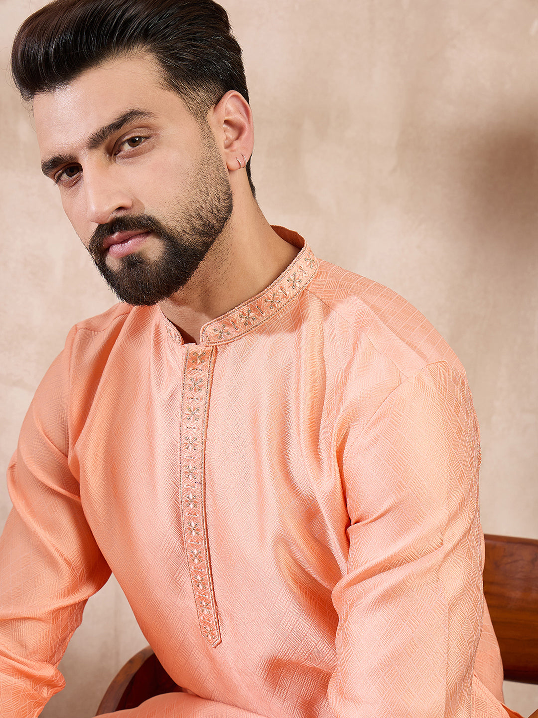 Men Peach Silk Blend Solid Embroidered Straight Kurta-MKU1840